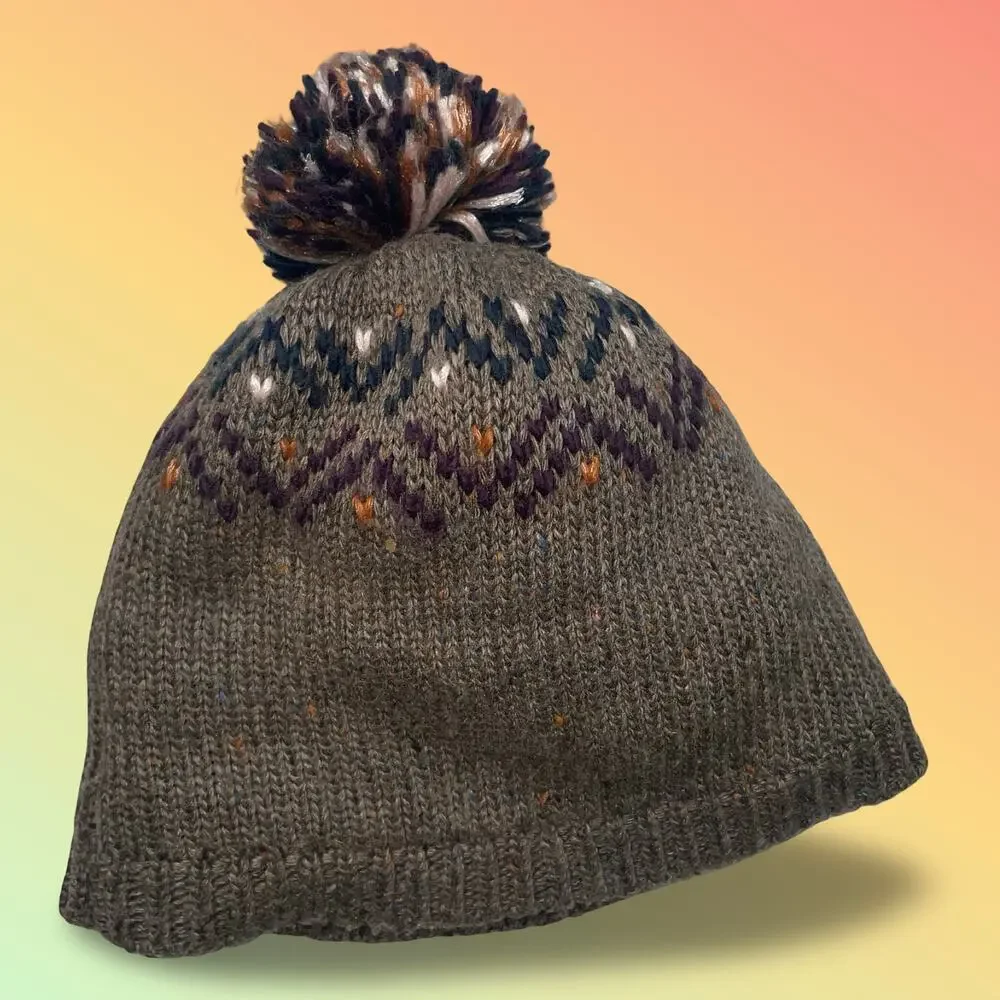 Pistil Visby Pom Beanie Hat Womens Brown Knit Fair Isle Tweed Flecks Mountain